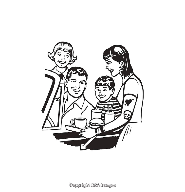 Family Enjoying a Meal Service in Retro Black and White Illustration