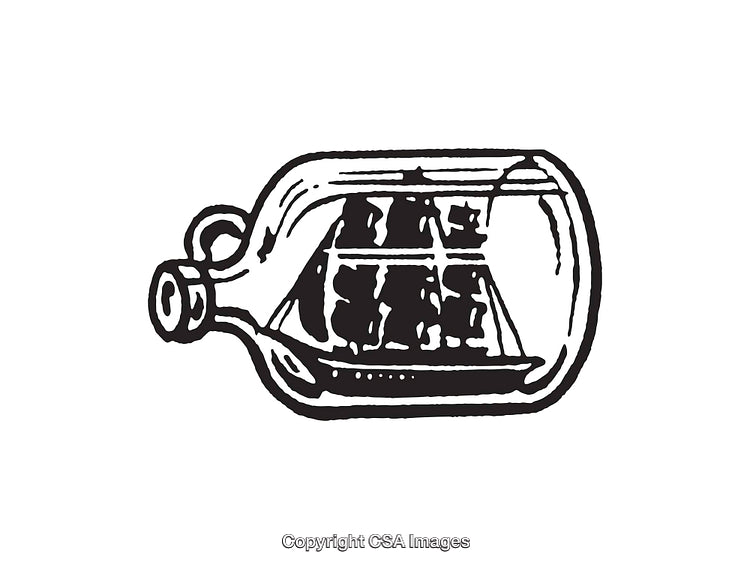 Black and White Line Art of a Ship Inside a Glass Bottle