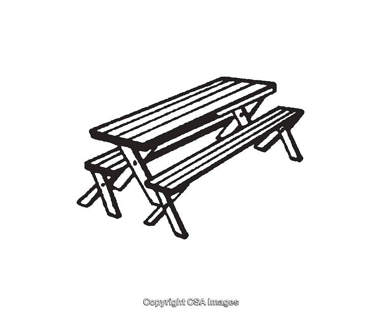 Black and White Line Art of a Picnic Table with Benches