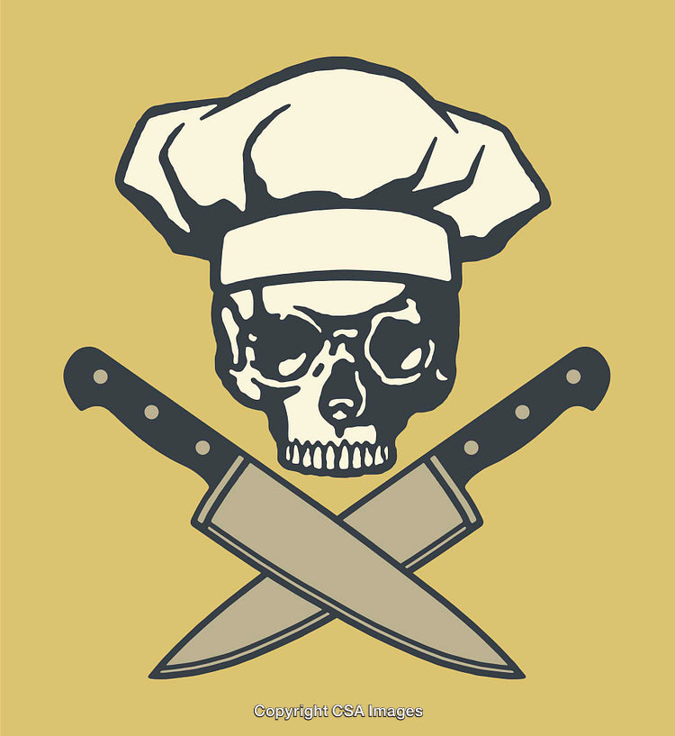 Skull-Chef Logo with Crossed Knives Design on Beige Background