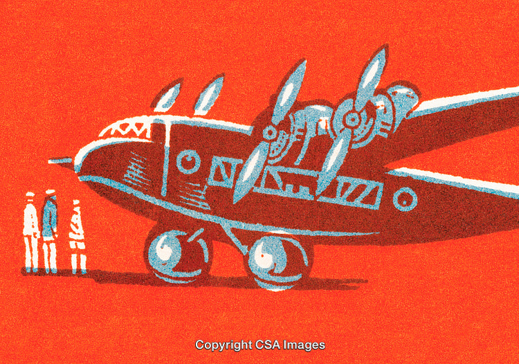 Vintage Illustration of Airplane with People on Red Background