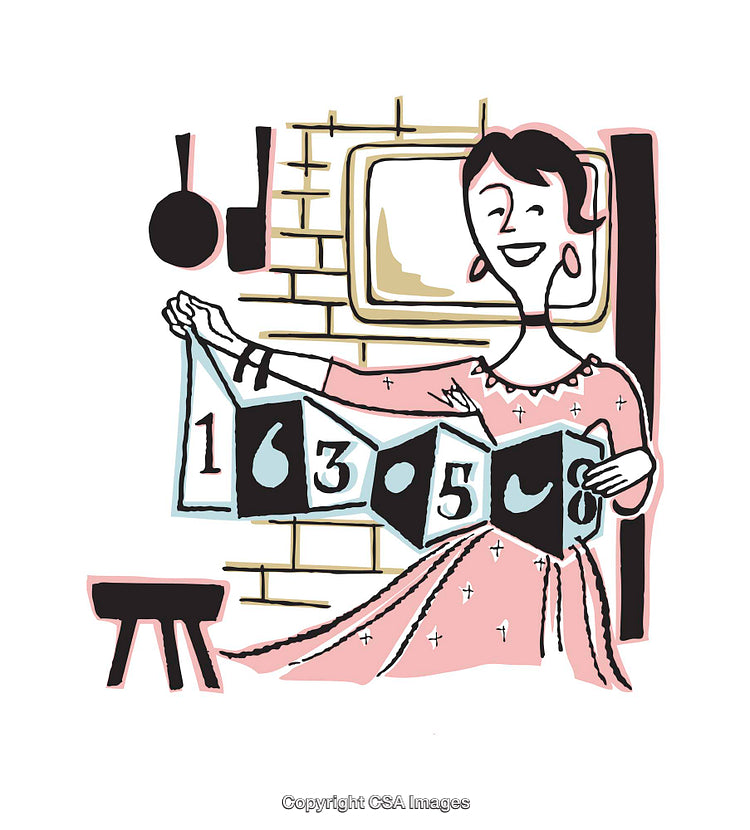 Lively Illustration of Woman Holding Decorative Number Banner in a Kitchen Setting