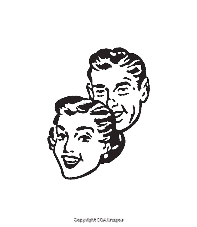 Black and White Retro Line Art of a Smiling Couple's Faces