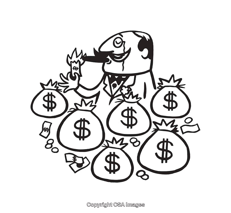 Cartoon Illustration of Wealthy Man With Money Bags in Black and White