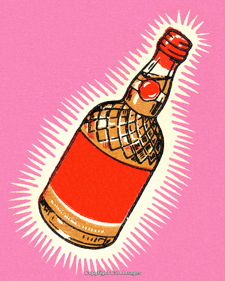 Vivid Illustration of a Whiskey Bottle with Bold Colors on Pink Background