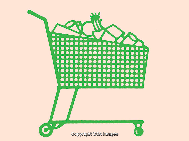 Green Shopping Cart Filled With Groceries, Minimalist Line Art Illustration
