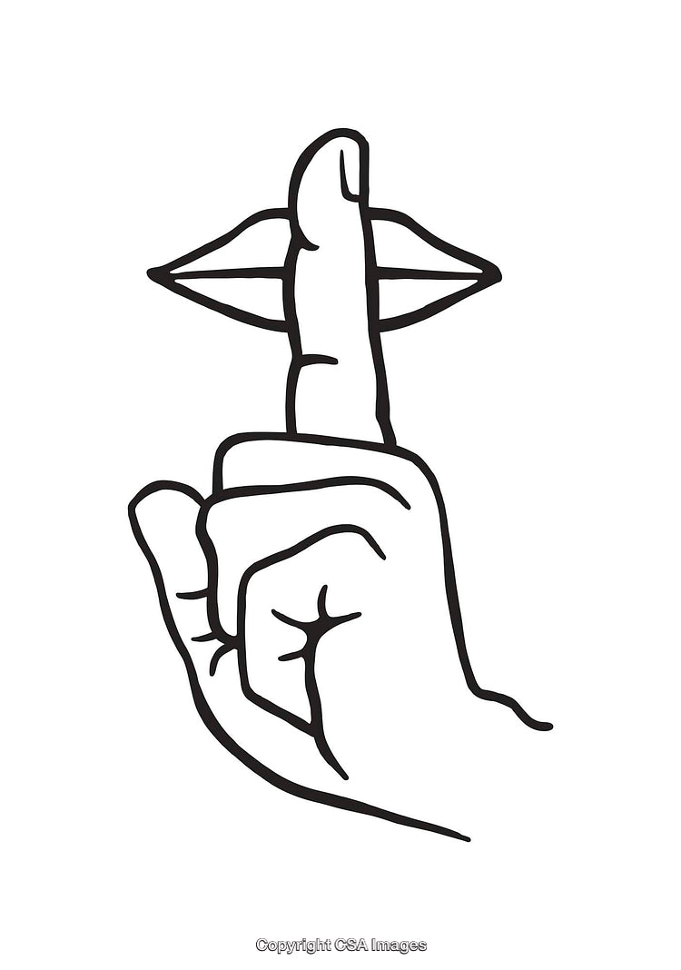 Black And White Line Art Illustration Depicting Silence Gesture With Finger