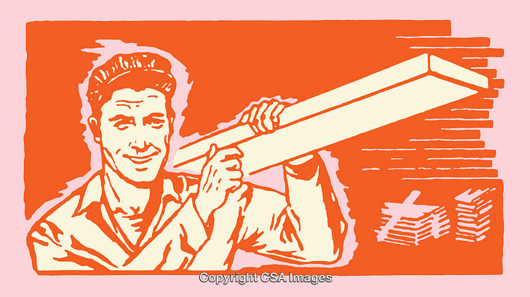 Colorful Line Art Illustration of a Worker Holding a Piece of Material