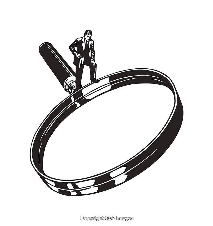 Line Art of Businessman Standing on a Magnifying Glass in Black and White