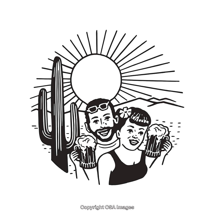 Retro Desert Scene with People Sharing Drinks Under Sun