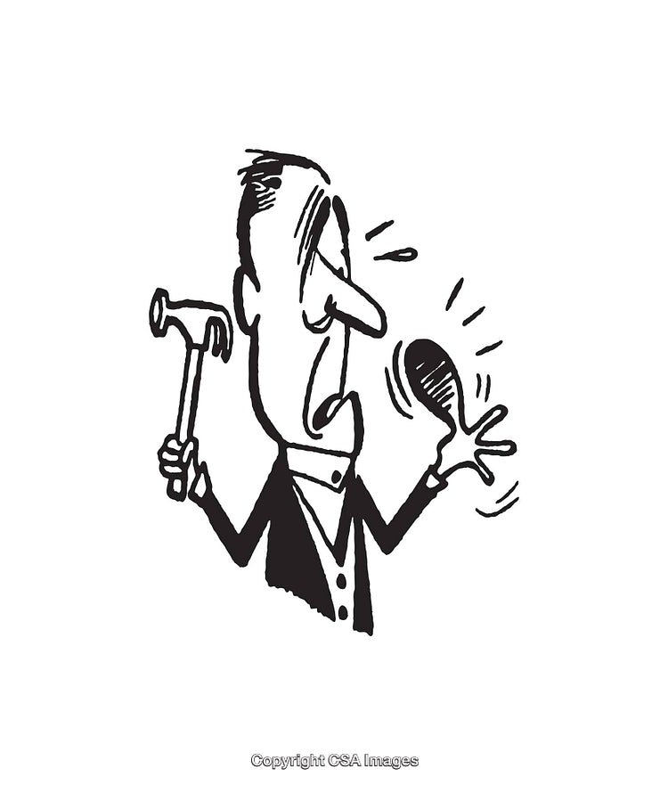 Black And White Illustration of Hammer Injury Expressing Pain and Surprise