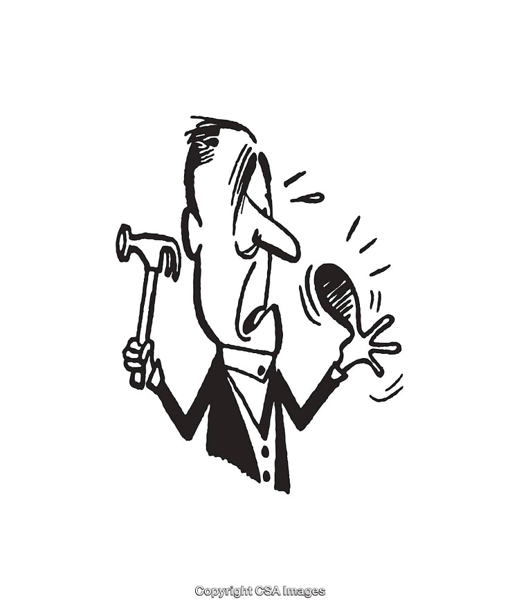 Black And White Illustration of Hammer Injury Expressing Pain and Surprise