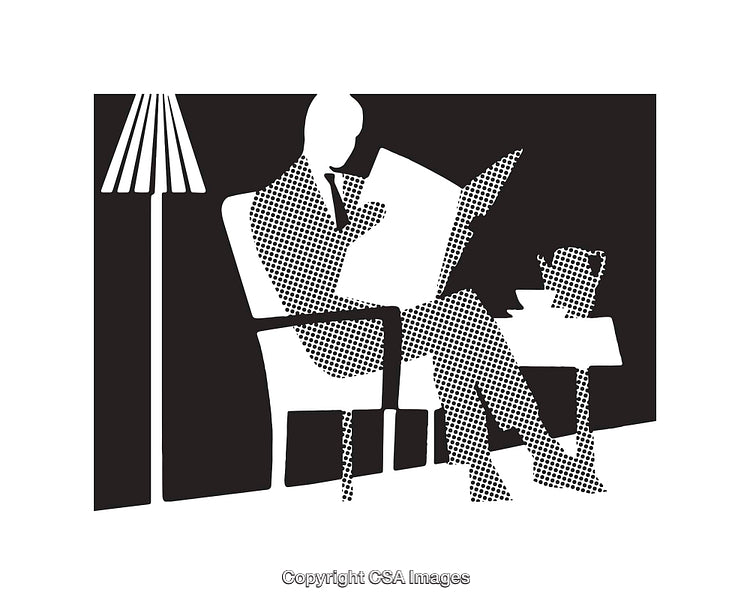 Vintage Black and White Illustration of Man Relaxing with Newspaper