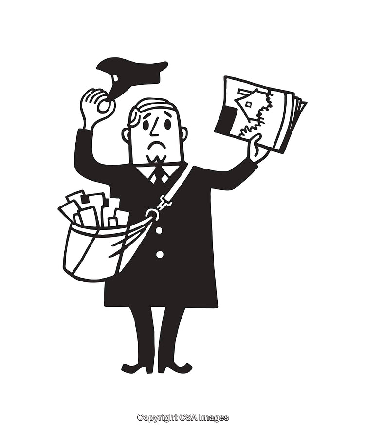 Black and White Line Art Illustration of a Male Mailman in Uniform