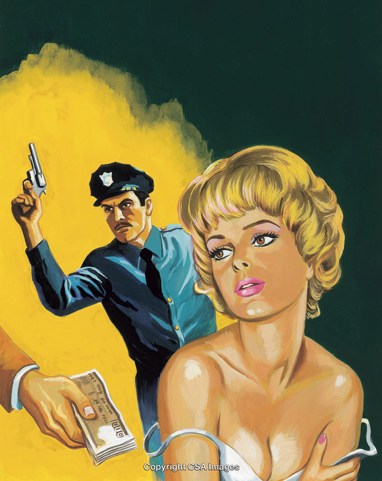 Retro Crime Scene Illustration with Police Officer and Suspicious Woman
