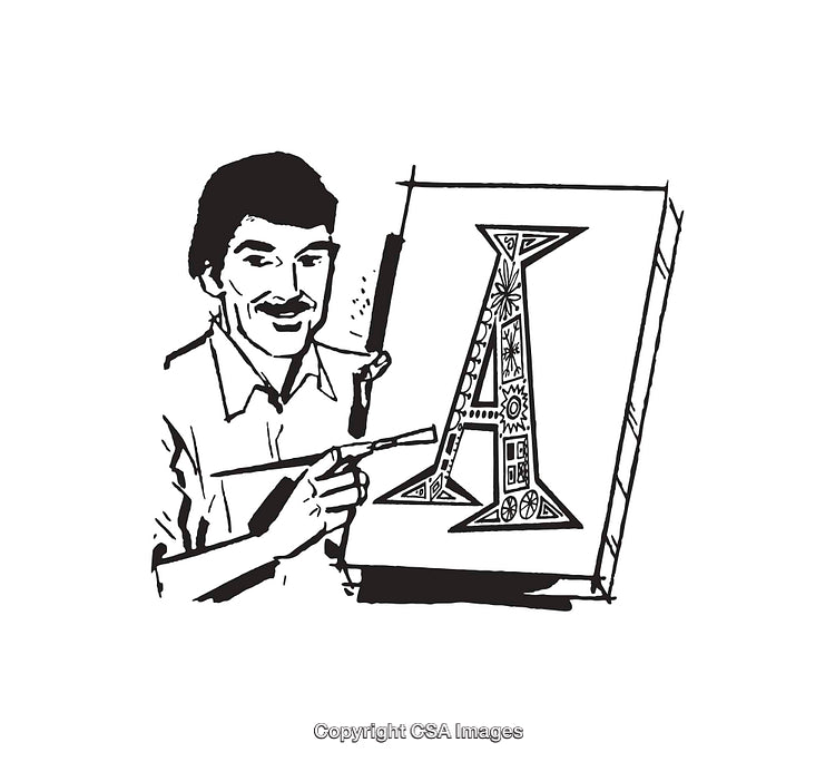 Illustration of Artist Displaying Intricate Design on Large Canvas in Black and White