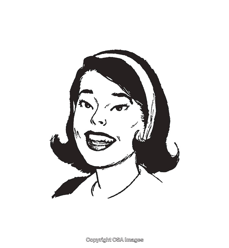 Vintage Stylized Black and White Line Art of Smiling Woman