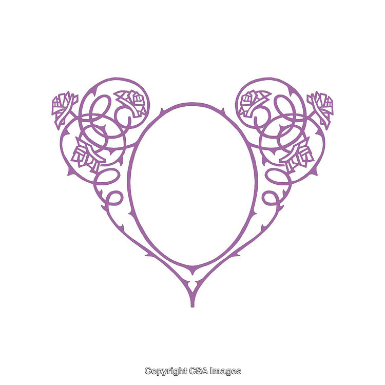 Ornamental Purple Heart-Shaped Frame With Intricate Floral and Swirling Designs