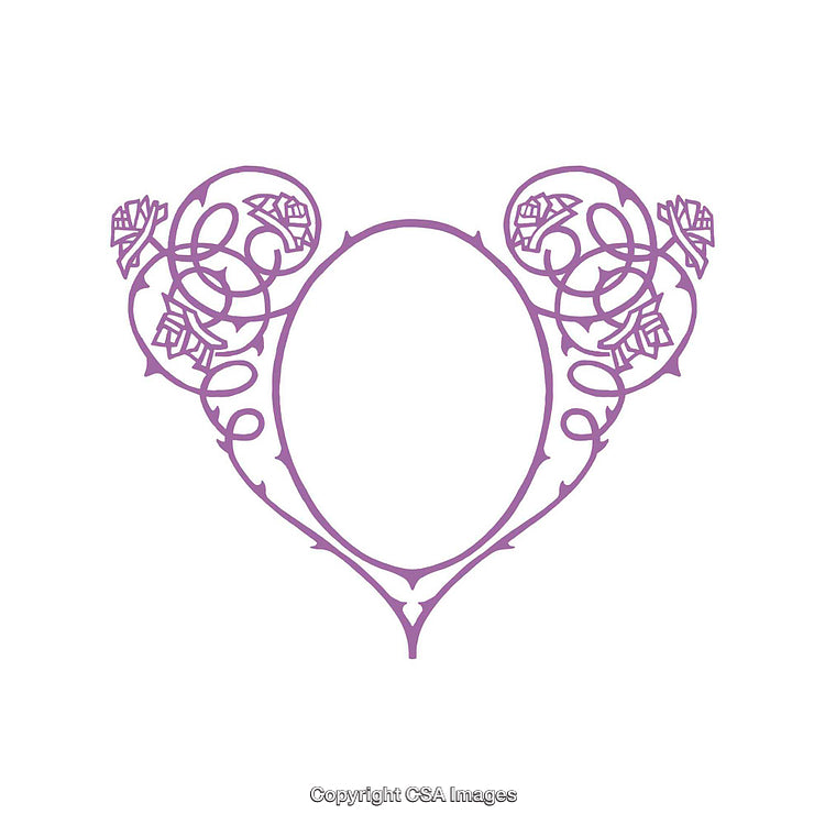 Ornamental Purple Heart-Shaped Frame With Intricate Floral and Swirling Designs
