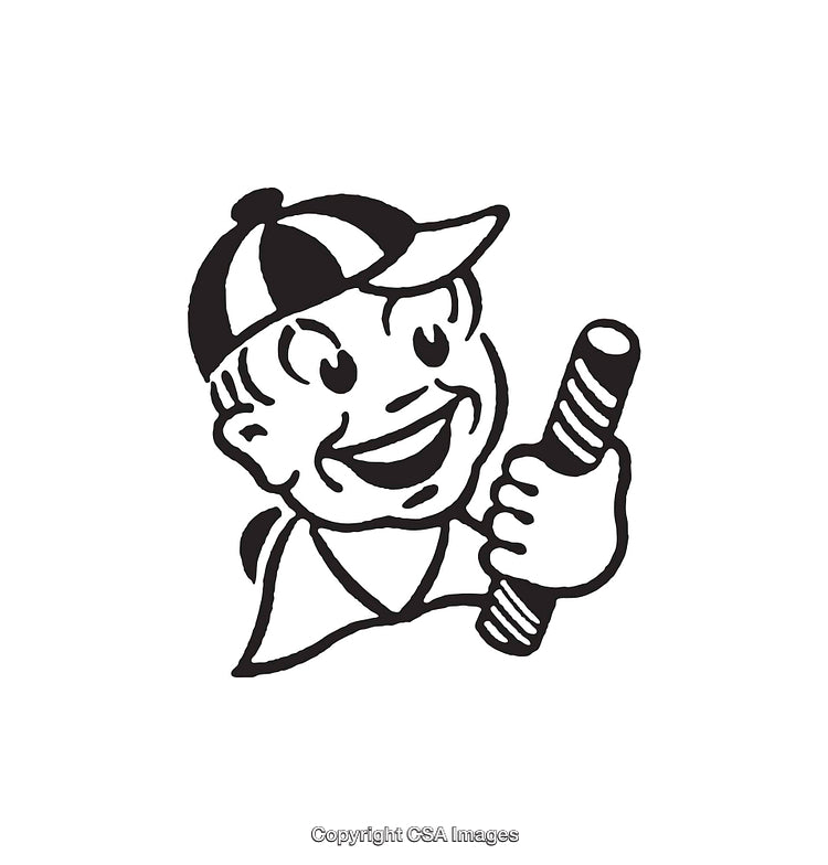 Vintage Baseball Player Line Art With Happy Expression Holding a Bat