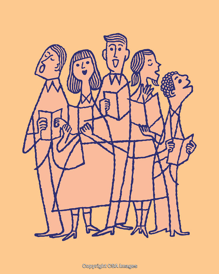 Group of Individuals Singing Together in Line Art Illustration