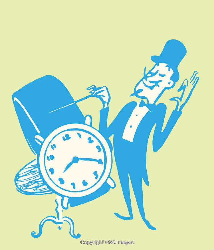 Whimsical Illustration of a Man Conducting Time in Vibrant Colors