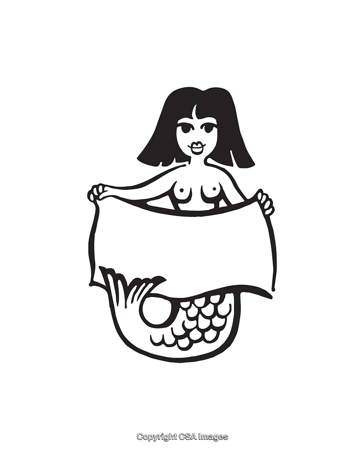 Black and White Art Illustration of a Retro Mermaid Character
