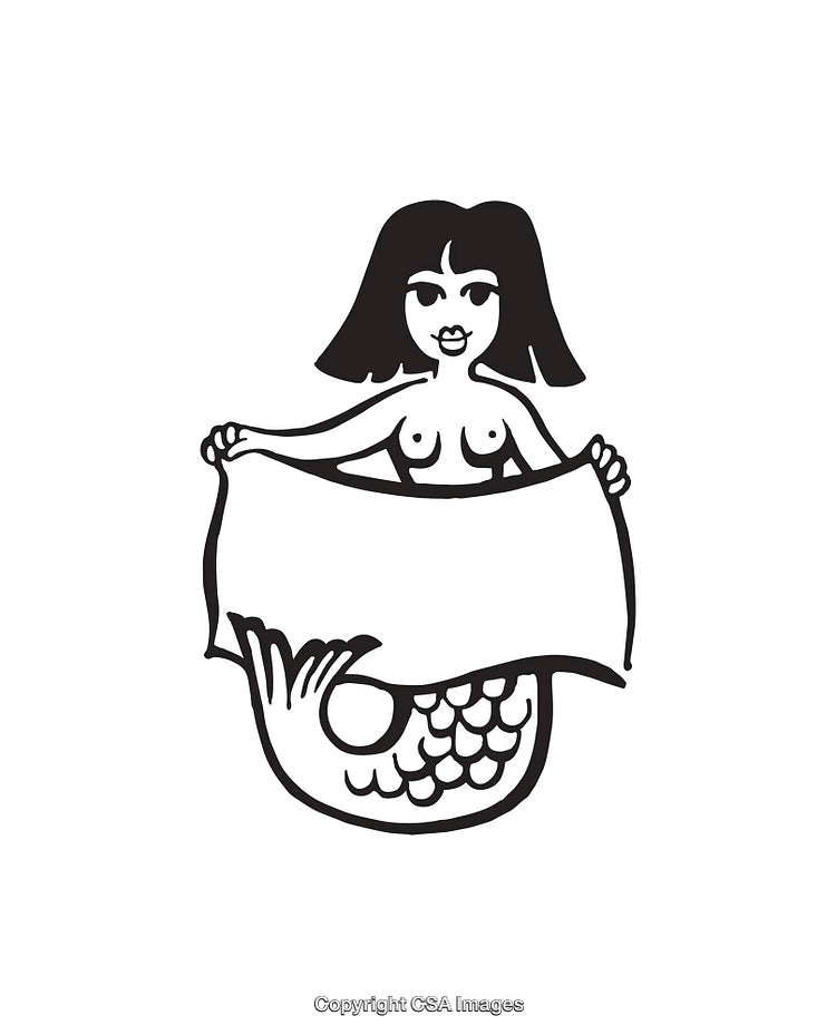 Black and White Art Illustration of a Retro Mermaid Character
