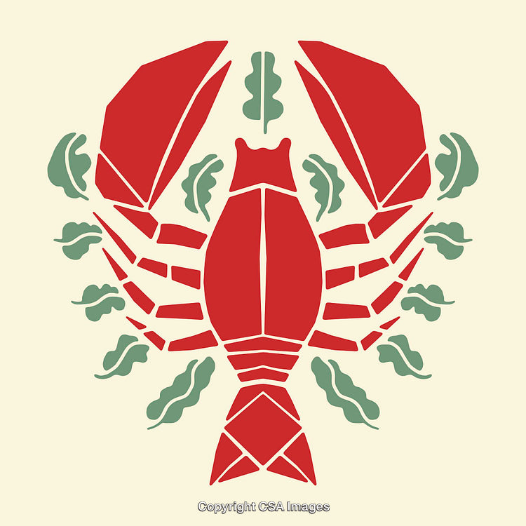Modern Red Lobster Illustration With Stylized Leaves on Neutral Background