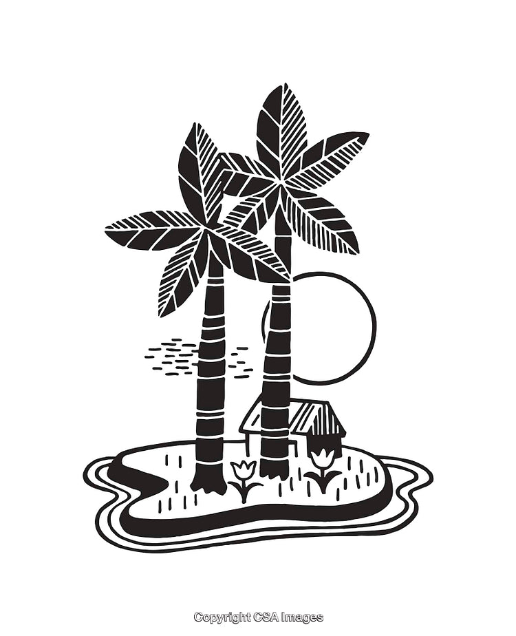 Black and White Tropical Island Illustrative Artwork with Palm Trees and Small Hut