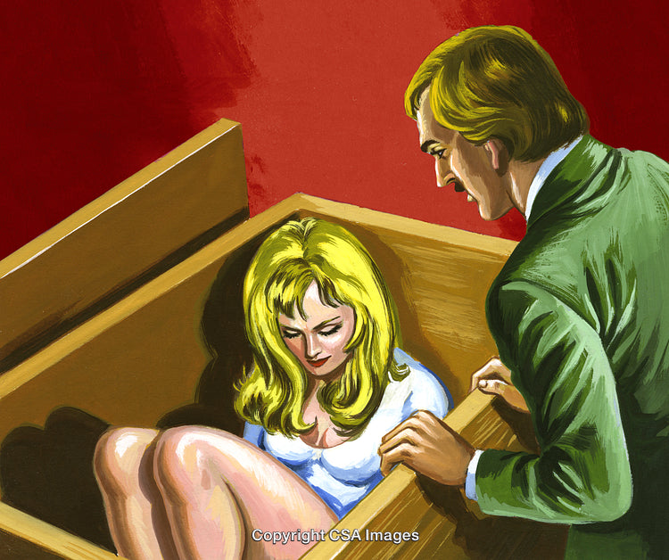 Man Observing Woman Sitting in Wooden Box Against Red Background