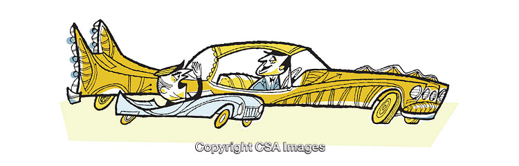 Quirky Illustrated Car With Stylized Characters in a Humorous Scene
