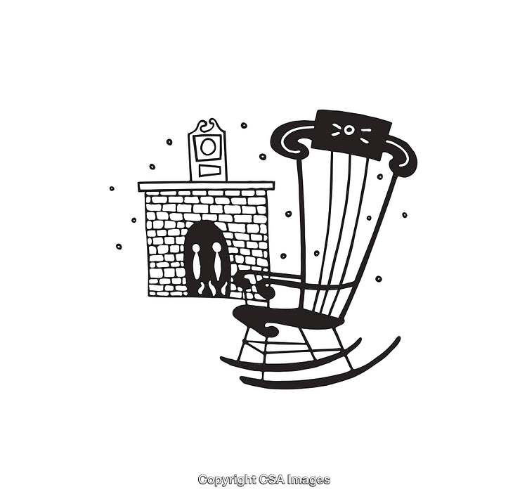 Cozy Indoor Scene with Rocking Chair and Fireplace Line Illustration