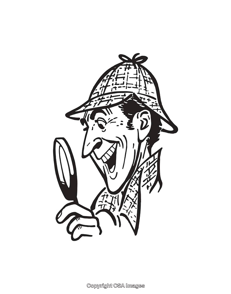 Black and White Line Art of Smiling Character Holding Magnifying Glass
