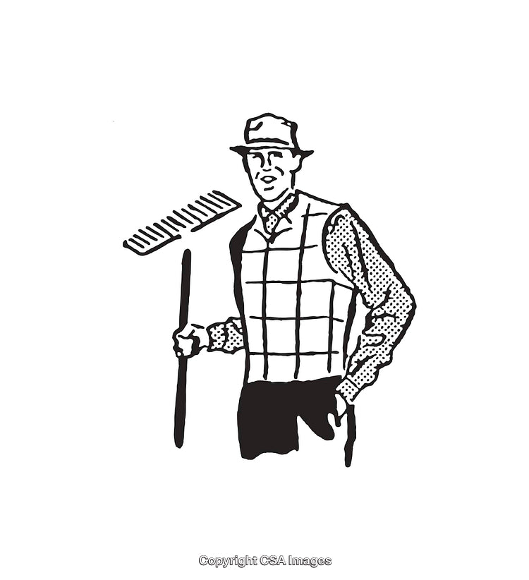 Black and White Line Art Illustration of a Man Holding a Garden Rake
