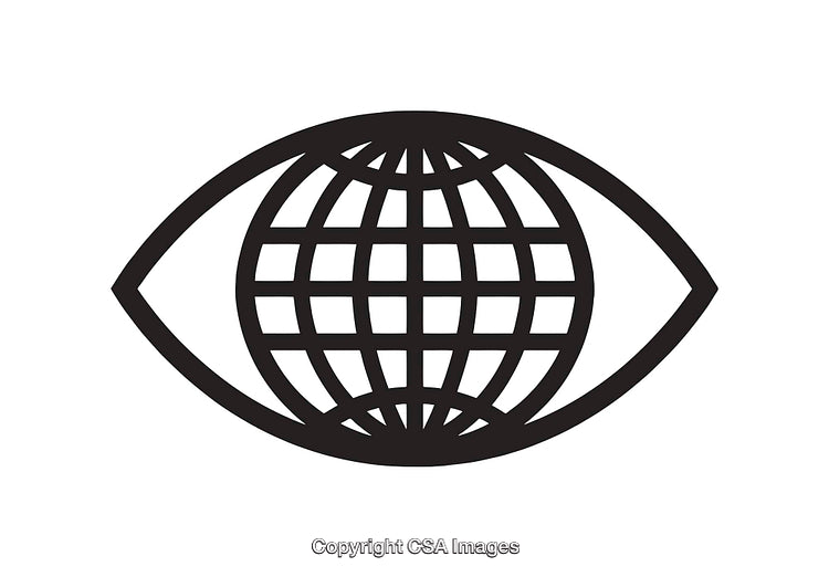Simple Black and White Globe Icon Incorporated into an Eye Shape