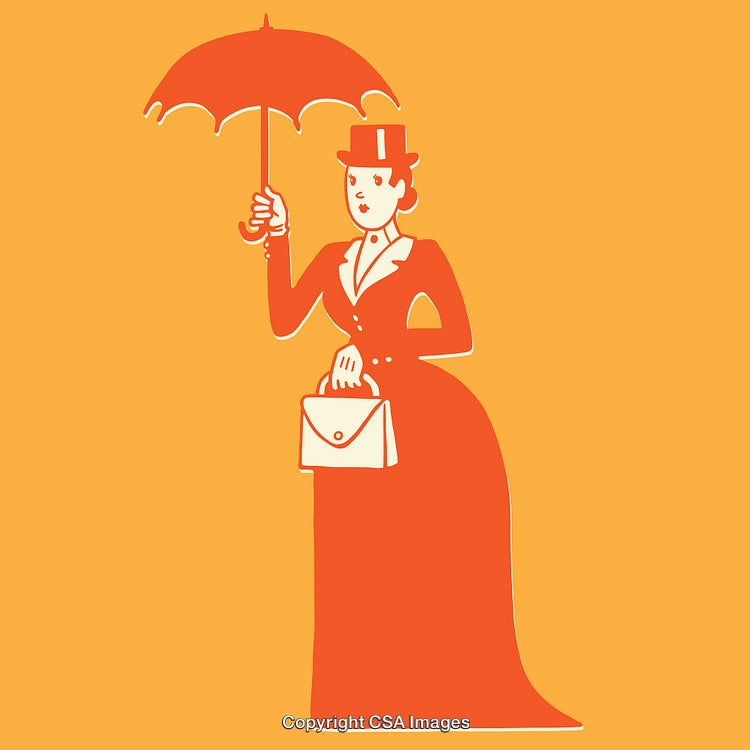 Stylish Woman Illustration with Umbrella and Handbag on Orange Background