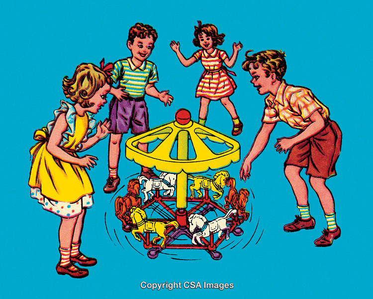 Children Playing Around a Miniature Carousel in Vintage Style Artwork