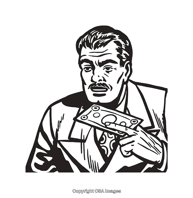 Retro Illustration of a Man Holding Paper Currency in Black and White Line Art