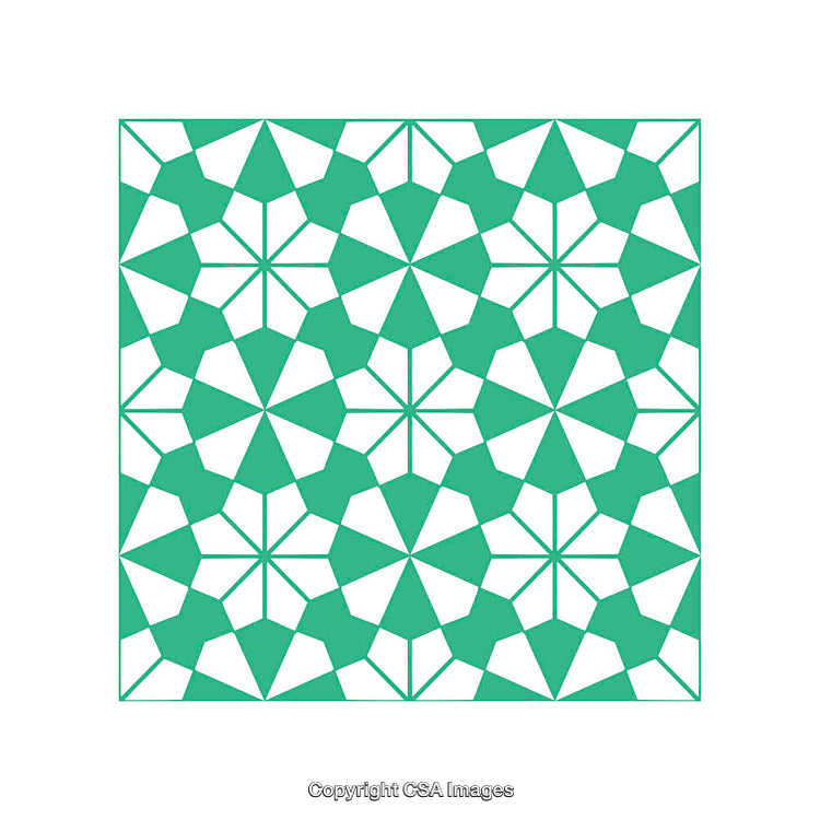 Green Geometric Pattern with Abstract Floral Motifs and Symmetrical Design