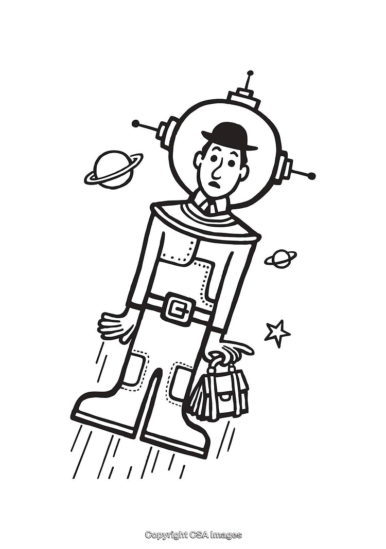 Astronaut Character with Briefcase in Outer Space Line Art Illustration