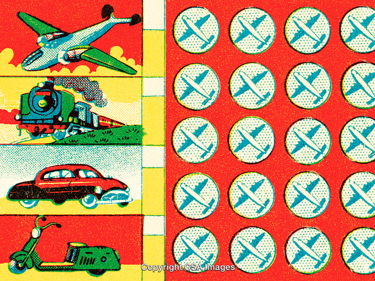 Vintage Transportation Themed Collage With Bright Colors and Patterns