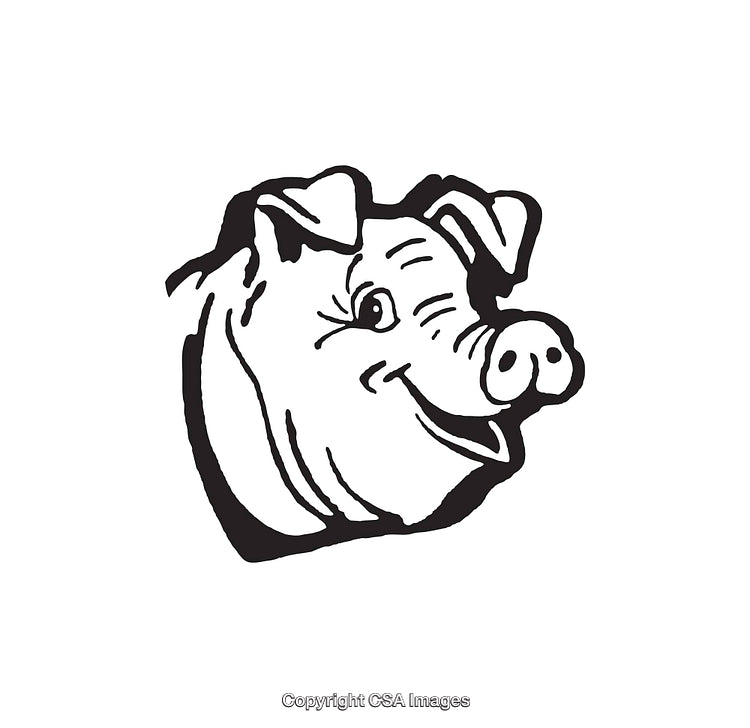 Smiling Pig Black and White Line Art Character Illustration