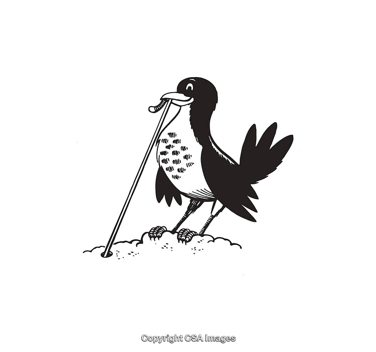 Black and White Illustration of a Bird Catching a Worm