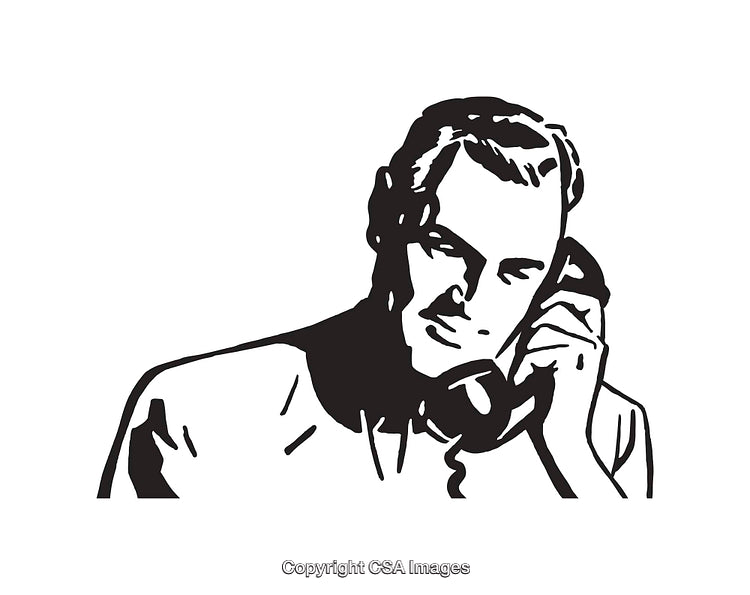 Black and White Line Art of a Man Talking on the Phone