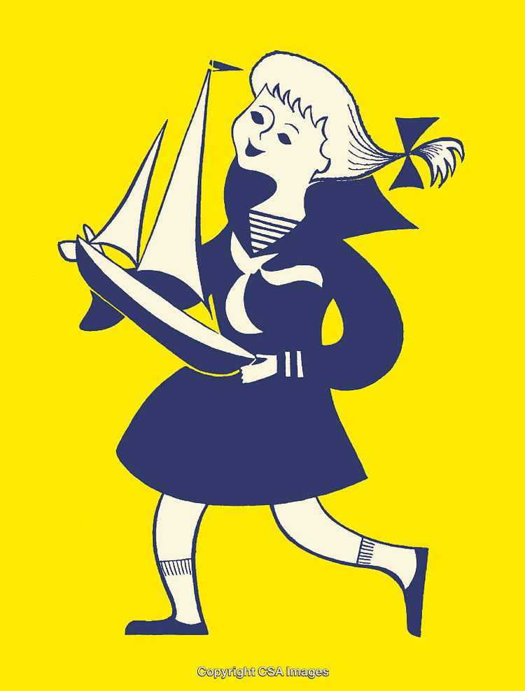 Vintage Inspired Illustration of a Girl Holding a Toy Sailboat