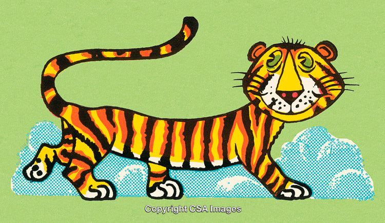 Brightly Illustrated Tiger With Stripes in a Whimsical Cartoon Style