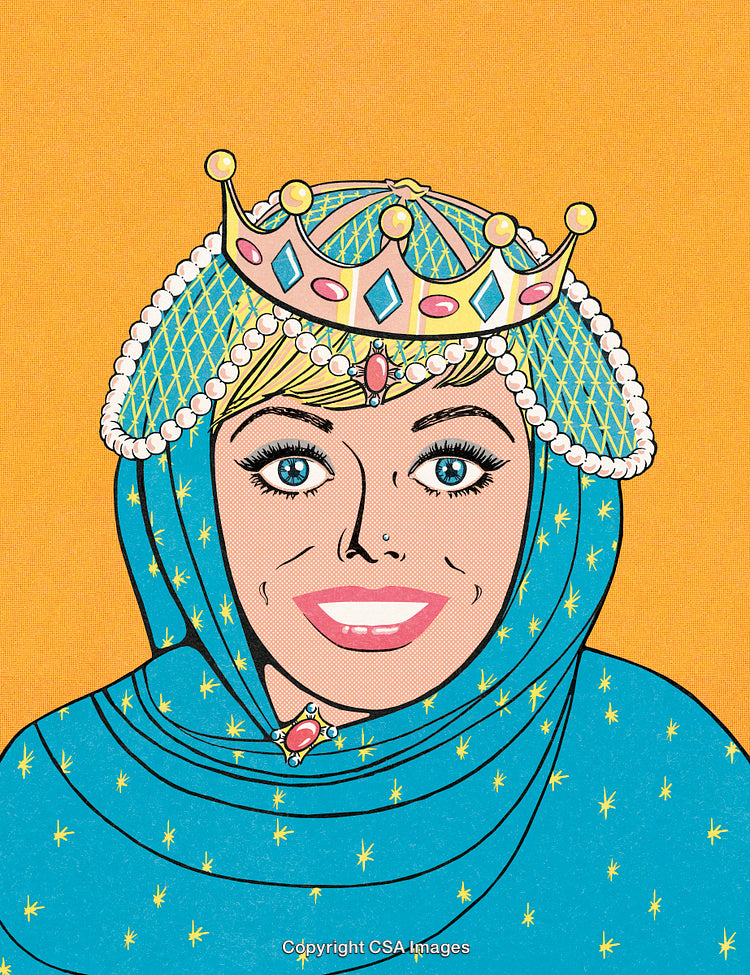 Colorful Pop Art Illustration of a Smiling Woman Wearing a Crown