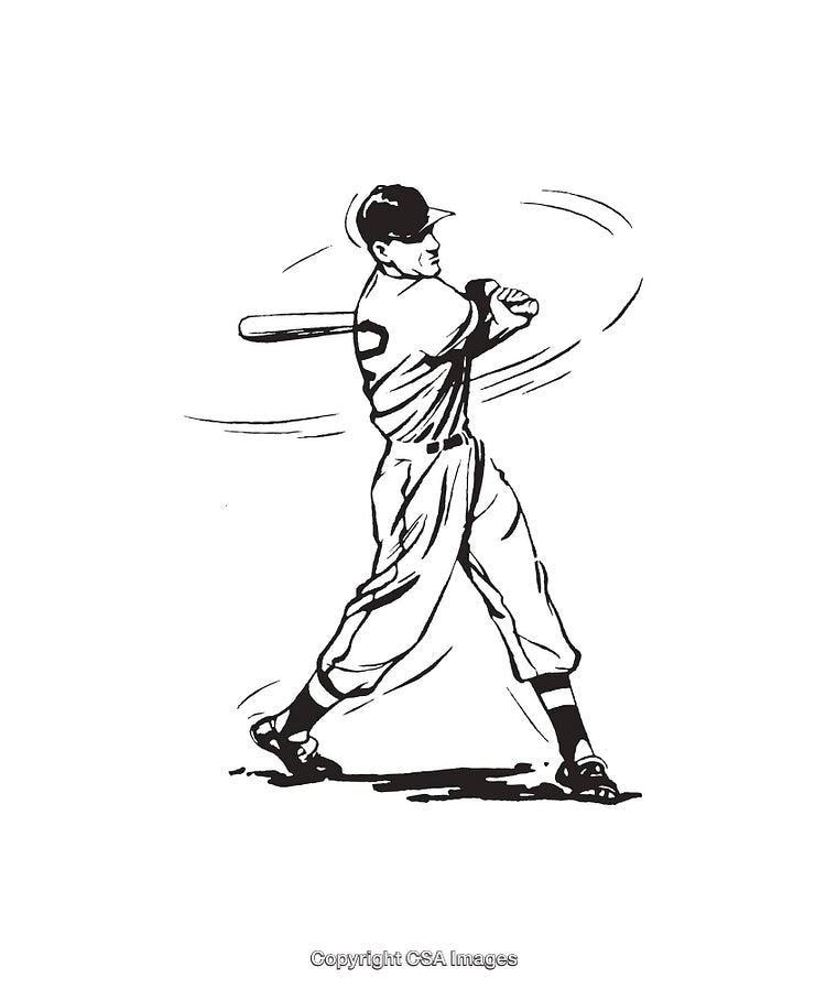 Vintage Black and White Line Art of a Baseball Player Swinging Bat