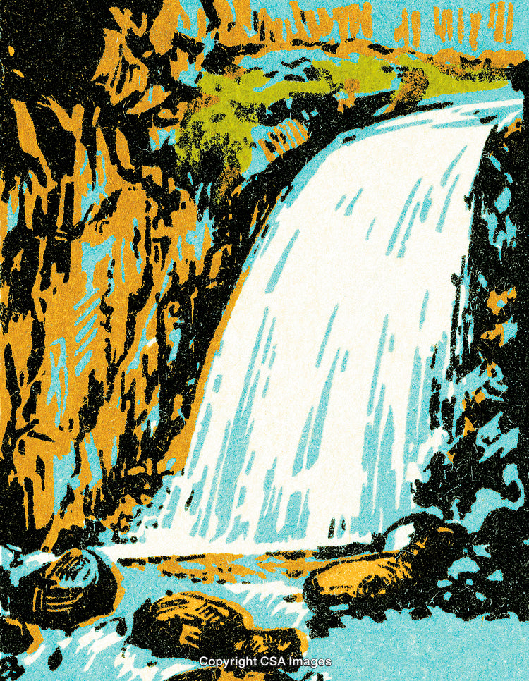 Vintage Illustration of a Cascading Waterfall in a Scenic Landscape